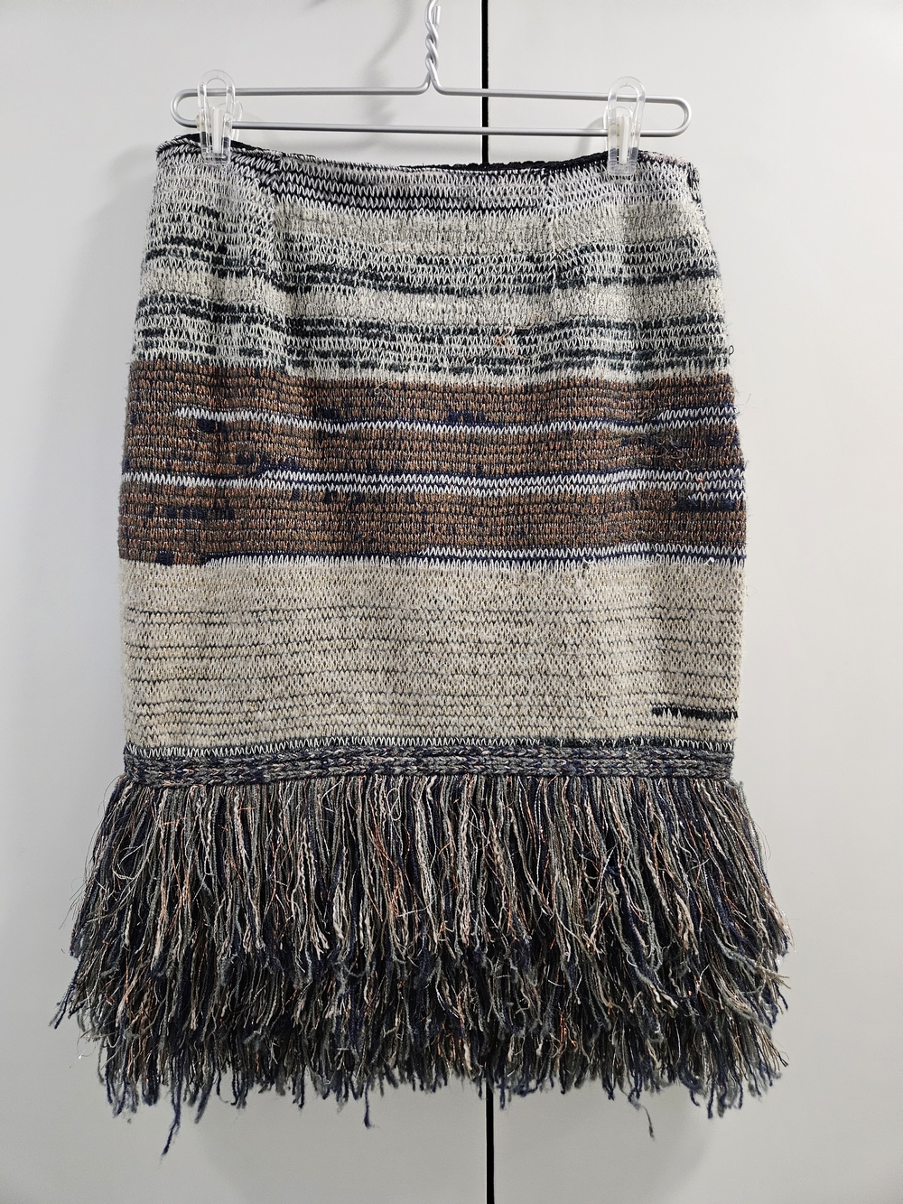 Fringed Knit Pencil Skirt in Cream, Brown & Black